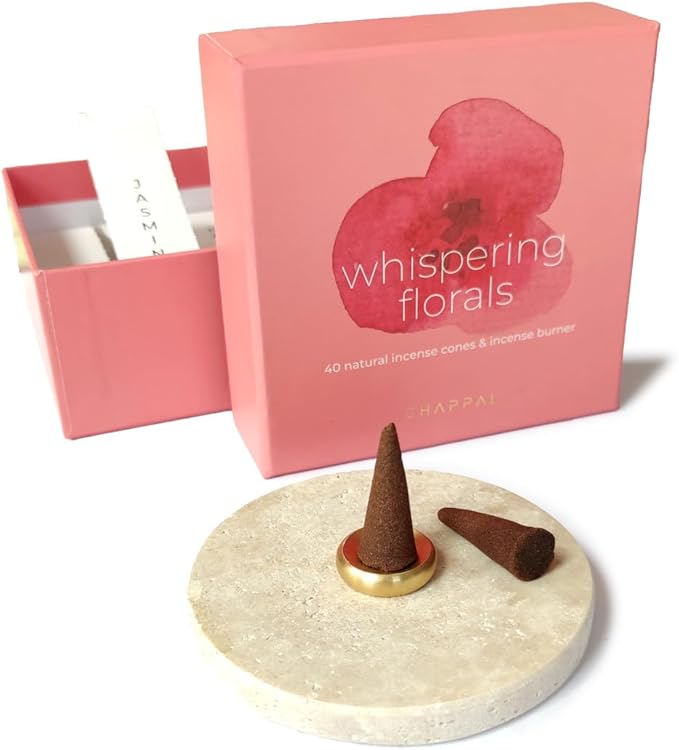 Whispering Florals Meditation Set – Floral Scented Cone Incense with Elegant Travertine-Brass Holder for Relaxation, Meditation & Aromatherapy