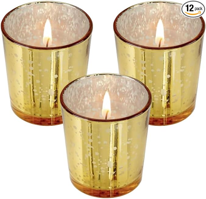 Mister Candle - Citronella Scented Gold Mercury Filled Glass Votive Candles Jar, Perfect Home Decoration, Wedding Favors Hand Poured in USA (Set of 12) (Citronella)