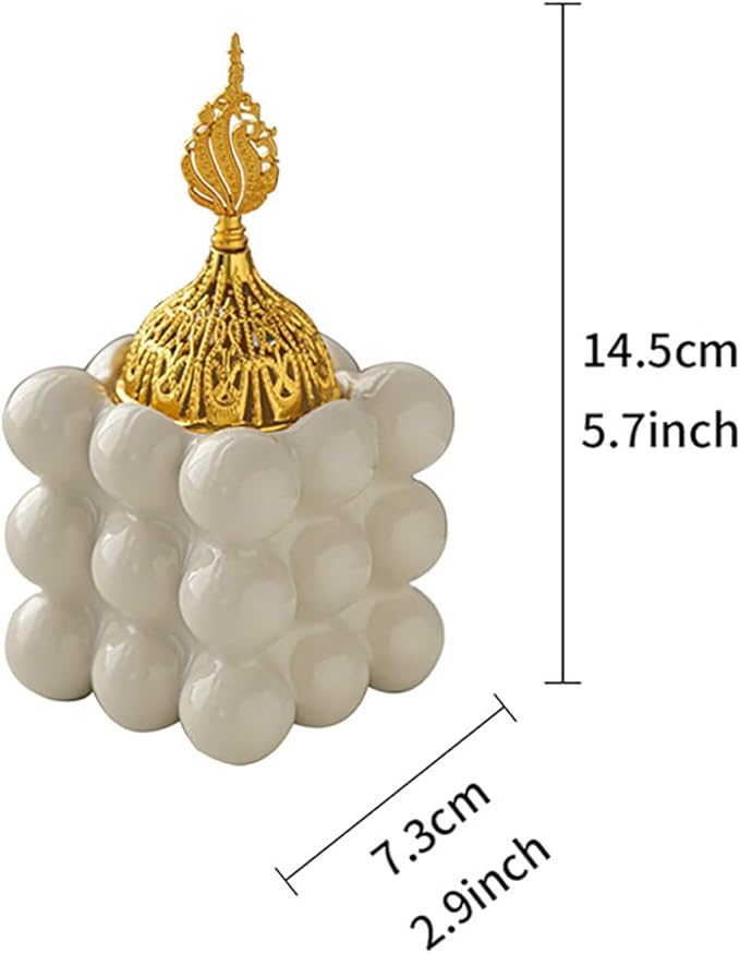 Ceramic Cube Golden Incense Burner Handheld Eid Incense Burner Middle East Arabian Festival Incense Holder Home Decoration Ornament Aromatherapy Furnace (White)