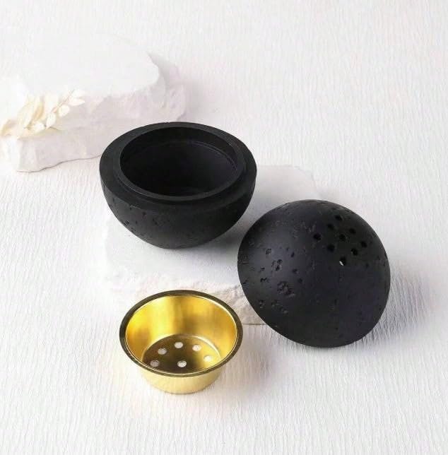 9 Holes Handmade Round Incense Resin Burner Holde, Minimalist Sphere Incense Frankincense Burner, Ravertine Incense Cone Holder for Yoga Meditation Spa Reading (Black)