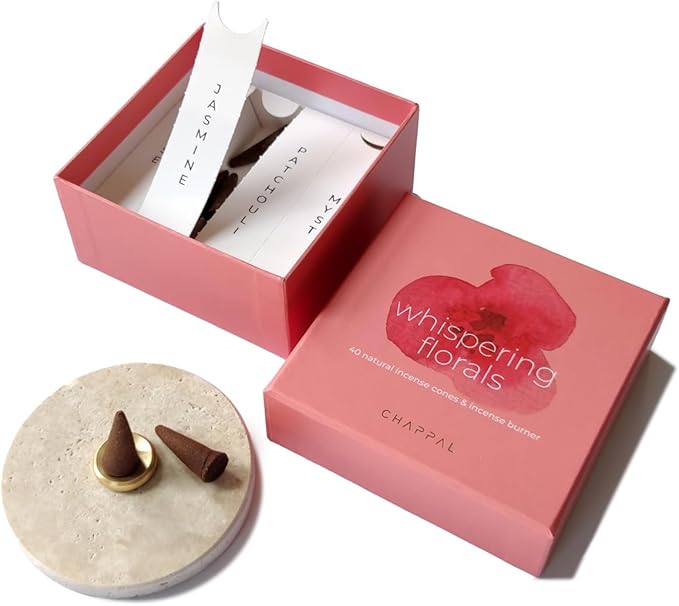 Whispering Florals Meditation Set – Floral Scented Cone Incense with Elegant Travertine-Brass Holder for Relaxation, Meditation & Aromatherapy