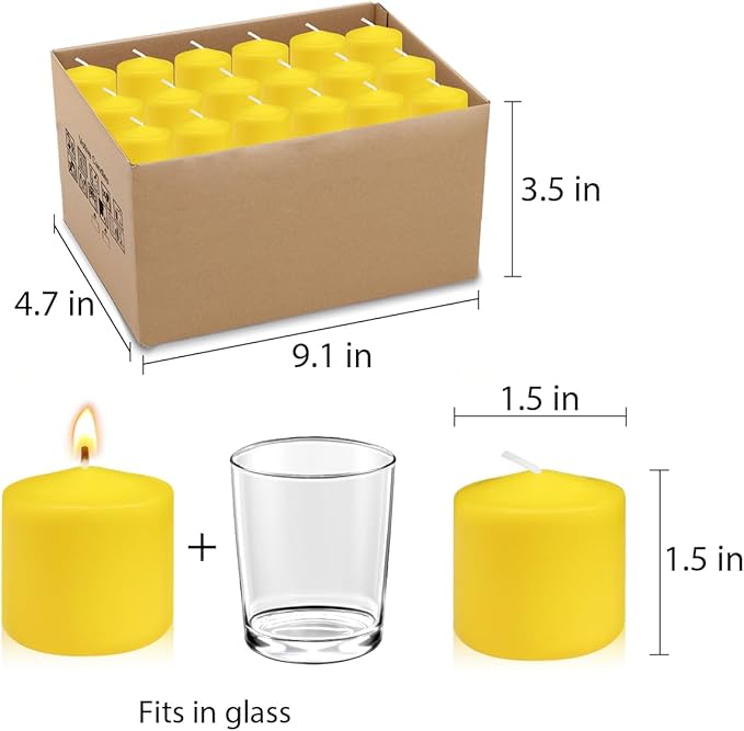 36 Packs Yellow Votive Candles, Unscented 1.5 Inch Diameter Wax Solid Colored Candles for Wedding, Party & Home Dinner Table Decoration - 10 Hour Burning