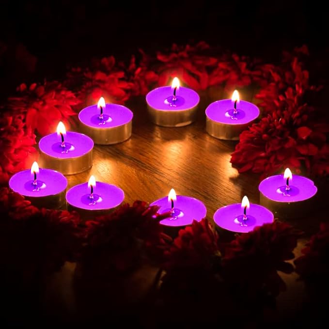 10 Pack Tea Candles Wedding Party and Home Decoration Votive Parties Tealight Small Wishing Bulk with 1.5-2 Hours Extended Burn Time Mini for Birthday Emergency Family (Purple)