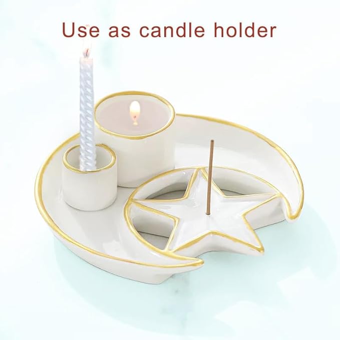 Incense Holder,4 in 1 Palo Santo Holder for Burning Sage and Sticks,5.9" Ceramic Incense Burner,White Candle Holder Ash Catcher Tray for Meditation Home Zen Decor Gift