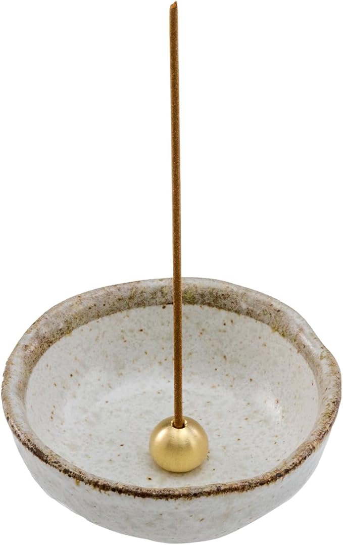 Asayu Japanese Small Mini Incense Holder for Sticks 3.3 inch (83mm), Made in Japan Ceramic Ash Catcher and Brass Incense Burner Set for Yoga, Meditation (Small Pearl Incense Holder)