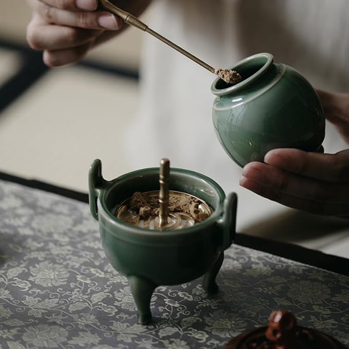 Celadon Incense Powder Burner Kit - Making Seal With 12pcs Toolskit, Chinese Holder for Stick/Cone/Coil/Powder, Gift for Women