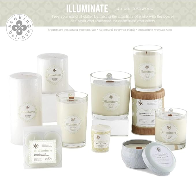 Root Candles Seeking Balance Wood Wick Spa Candle Aromatherapy Candles, 4-Ounce Travel Tin, Illuminate: Juniper Rosewood