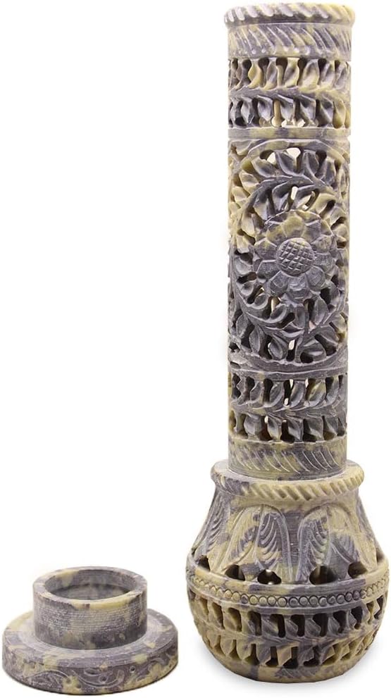 Handmade Carving Round Soapstone Incense Stick Tower Holder | Marble Incense Stick Tower Burner Holder Spa Aromatherapy Home Office Fragrance Accessories Home Office Decor - (11 X 3 Inches)