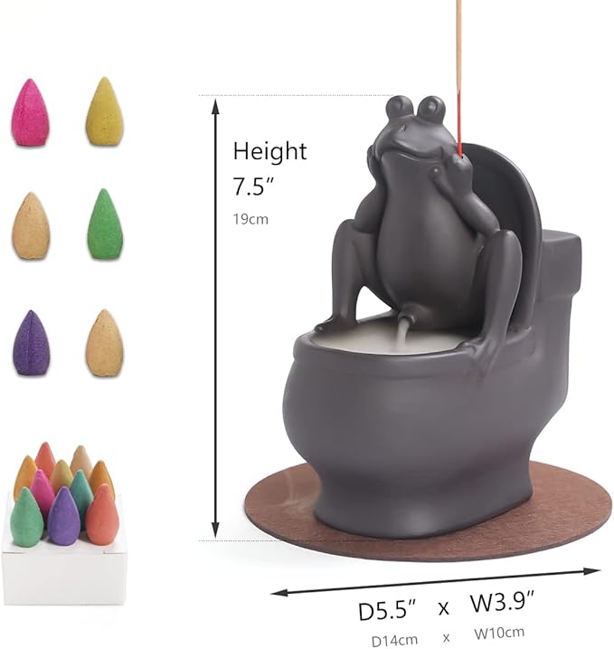 ChangWanna Frog Incense Holder Burner - Ceramic Cone Backflow Incense Burner Smoke Fountain, Back Flowing Incense Diffuser with 45 Sticks & 15 Cones, Frog Ornament for Aromatherapy/Yoga/Home Decor