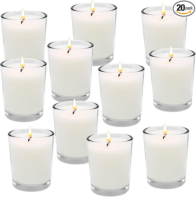 Unscented White Votive Candles in Glass 20 Packs Small Soy Wax Votives for Wedding Party Dinner Table