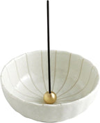 Asayu Japan White Lotus Incense Holder for Sticks 4.1 inch (105mm), Traditional Made in Japan Ceramic Ash Catcher and Brass Incense Burner Set, Japanese Incense Bowl