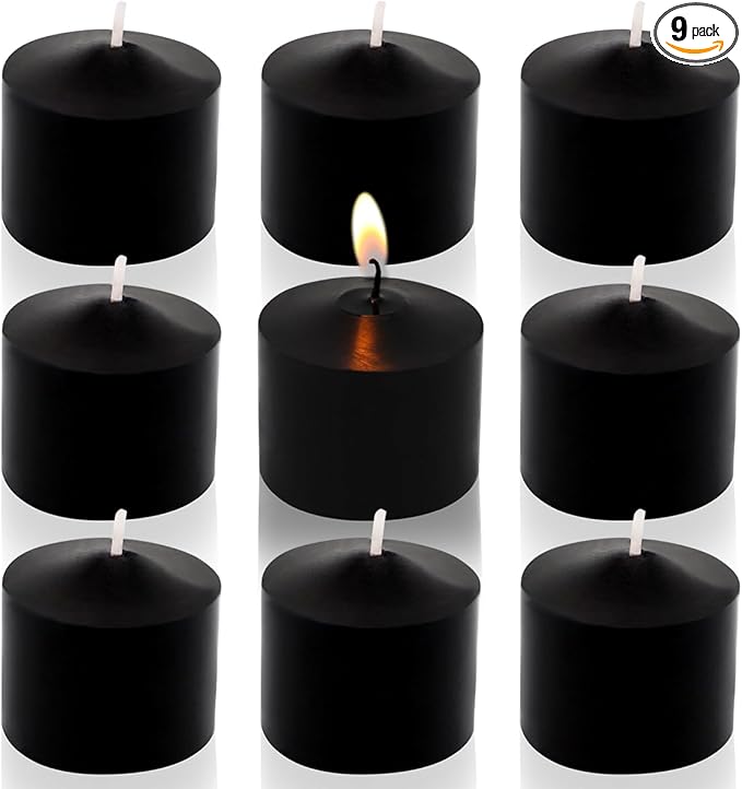 Black Votive Candles, 9 Packs Unscented Small Votives for Halloween, Wedding, Holiday Party, Home (8 Hour), 1.5" D x 1.25" H