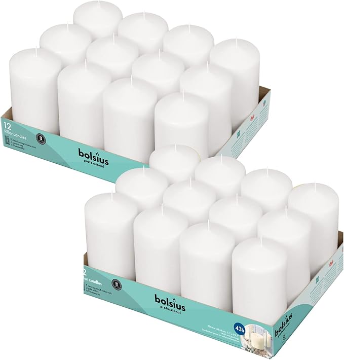 BOLSIUS White Pillar Candles - 2.7x5.1 Inches - 2 Packs = Total 24 Candles - 43+ Hours - Premium European Quality - Consistent Smokeless Flame - Unscented Dripless Pillars