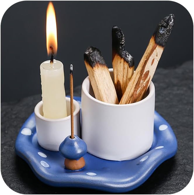 Mushroom Ceramic Incense Holder Set,4-in-1 Design for Sage, Palo Santo, Incense Sticks Candles,Blue Ceramic Ash Catcher Tray for Mess-Free Meditation, Yoga and Home Decor