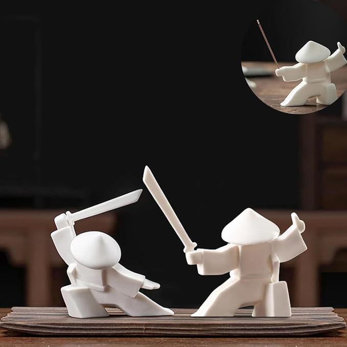 EAEMDY Samurai Figure Figurine Japanese Warrior Statue Decor for Table Room, Incense Holder for Stick Burner Incense Stick Holder, Kongfu Tea Pet Decoration (1.White B+C)