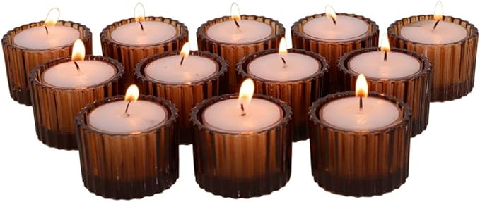 VOHO Amber Tealight Candle Holder Set of 12, 2'' x 1.4'' Glass Brown Small Votive Candle Holders Home Decoration, Clear Tealight Candles Holder for Table Centerpieces and Wedding Decor