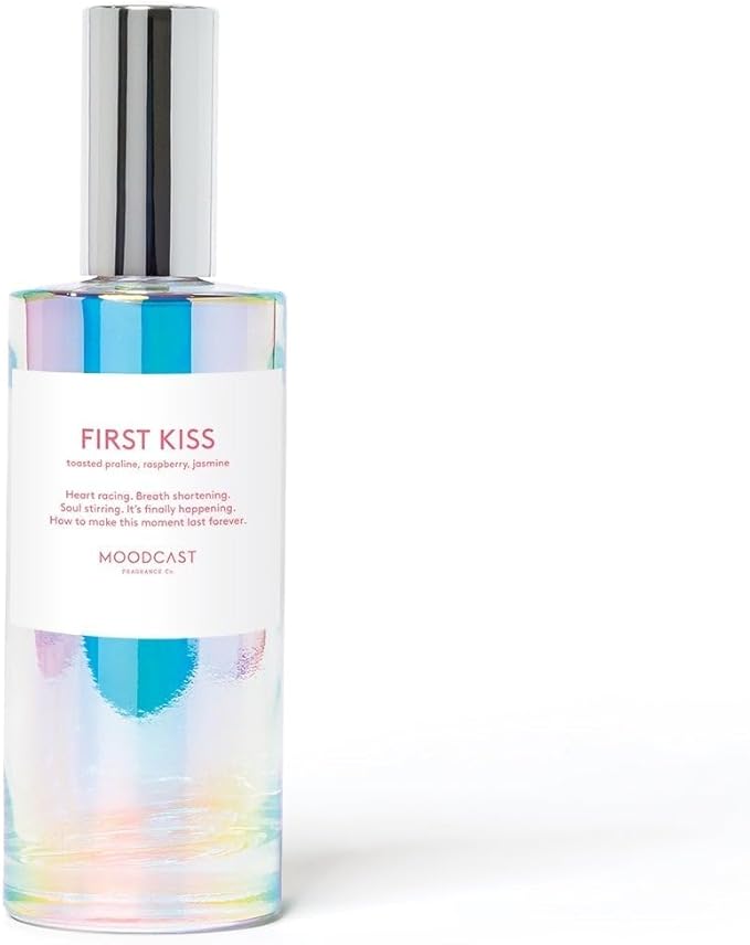 Moodcast First Kiss Luxury Room and Linen Spray – Air Freshener & Room Spray for Bedding Fabric & Home – Jasmine, Raspberry & Toasted Praline, Clean Fragrance, Paraben Free, Sulfate Free – 3.4oz
