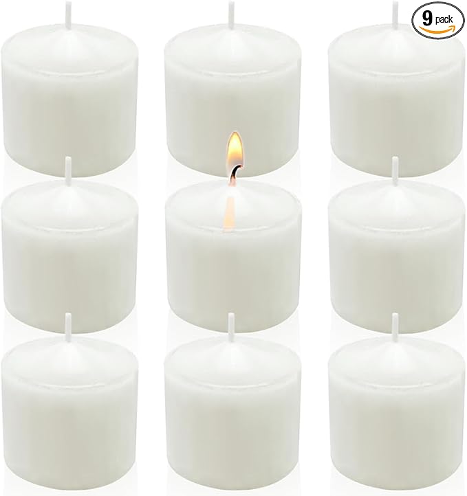 9 Packs White Votive Candles, Unscented Small 1.5 Inch Diameter Votives for Wedding, Holiday Party, Home (8 Hour), 1.5" D x 1.25" H
