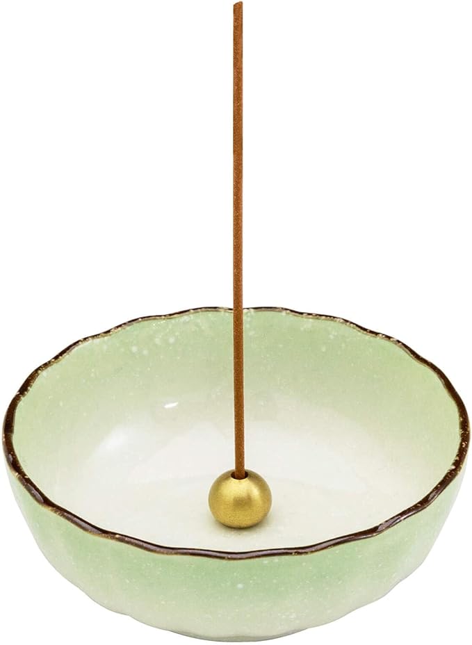 Asayu Japanese Lotus Incense Holder for Sticks 4.1 inch (105mm), Traditional Made in Japan Ceramic Ash Catcher and Brass Incense Burner Set - Light Green