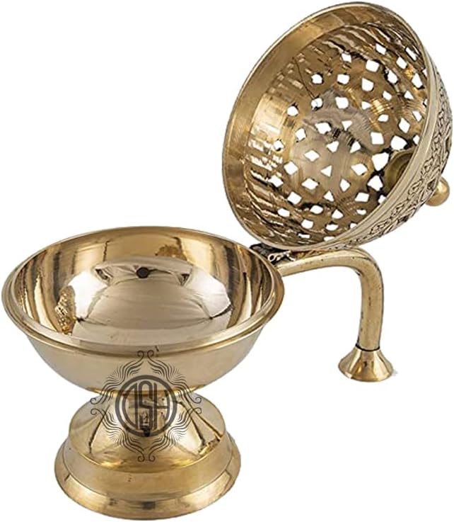 DSH CRAFTING YOUR CURIOSITY Dsh Home Purifying Brass Dhuna Loban Burner Dhooni Dhoop Dani Dhuni Brass Table Dhoop Dani Incense Burner for Loban. (Medium)