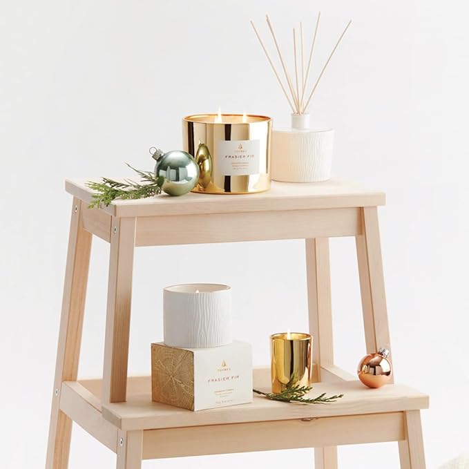 Thymes Frasier Fir Candle - Gilded Collection - Wood Grain Ceramic Design with 24-Karate Gold Rim - Mountain Fresh Fragrance - Elegant Winter Candle Scents - Gifts for Women & Men (Petite, 6 oz)