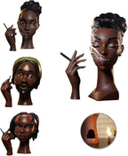 10 Inch Head Incense Burner Black Woman, Exquisite and Elegant Incense Burner,Unique Home Gift Table Accessories,Calm Room Waterfall Decoration (Eyes Closed)