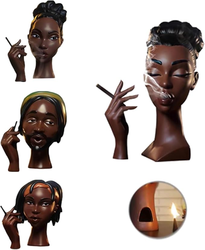 10 Inch Head Incense Burner Black Woman, Exquisite and Elegant Incense Burner,Unique Home Gift Table Accessories,Calm Room Waterfall Decoration (Eyes Closed)