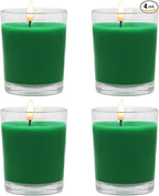 Set of 4 Green Votive Candles for Christmas and St. Patrick's Day, Clear Glass Filled Unscented Soy Wax Candle for Spring Home Decoration and DIY