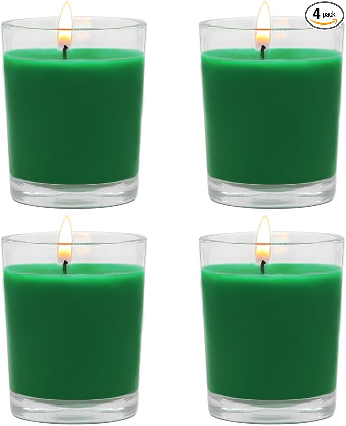 Set of 4 Green Votive Candles for Christmas and St. Patrick's Day, Clear Glass Filled Unscented Soy Wax Candle for Spring Home Decoration and DIY