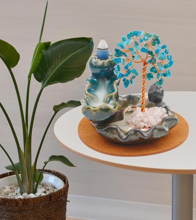 Waterfall Burner, Crystal Tree Backflow Incense Holder, with 30 Incense Cones, 30 Incense Stick, 1 Healing Crystal Necklace, Aromatherapy Anxiety Relief Items, Mom Gifts for Christmas