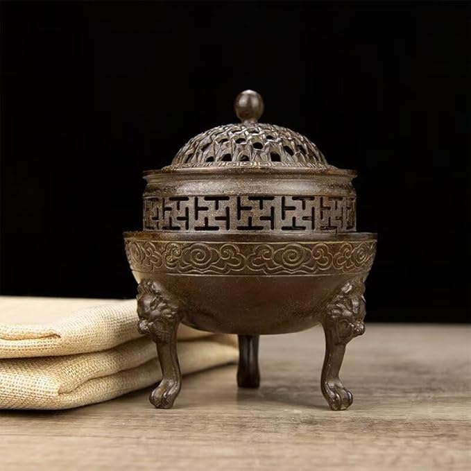 Copper Incense Burner Chinese Brass Incense Burner Kit Traditional Zen Incense Burner Antique Style Office Yoga Home Decor 4.2 * 4.2 * 5.1IN 1.8LB