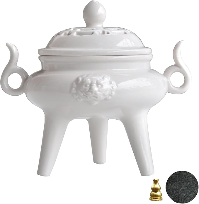 Ceramic Incense Cone Burner with Lid,Stylish Incense Holder for Coil Incense and Powder Incense,Mediation Gift,Room Decor(White)