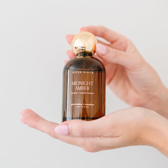 River Birch Luxury Linen and Room Spray - Midnight Amber Home Signature Scent - Room Fragrance Spray - Fragrant Fresh Linen Air Freshener - Handmade in Texas - 4 oz Glass Amber Gold Top