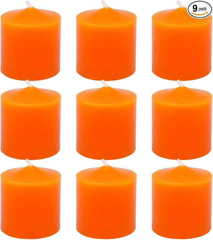 Orange Votive Candles, 9 Packs Unscented Small Fall Votives for Thanksgiving Day Wedding, Holiday Party, Home (8 Hour), 1.5" D x 1.25" H