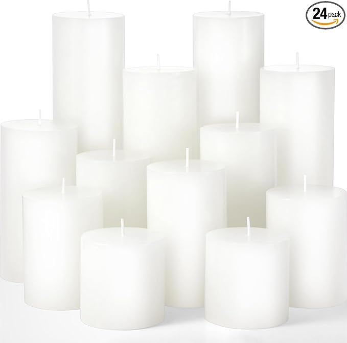 Shihanee 24 Pcs Pillar Candles 3 in x 3,4,5,6,8,10 Dripless Unscented Smokeless Candle Long Burning Decorative Rustic Candles with Cotton Wick for Wedding Home Fireplace (White)