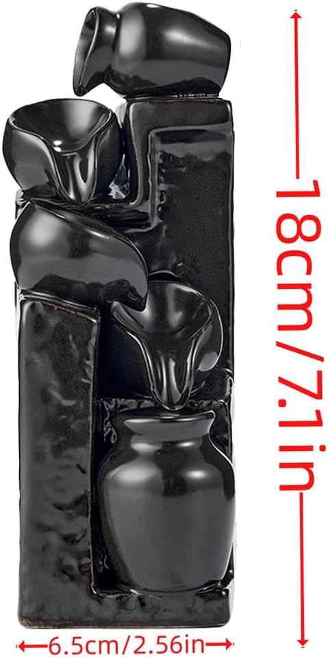 Unique Cascading Basins Ceramic Waterfall Incense Holder, Paired with a Pack of Backflow Incense Cones. (Black)