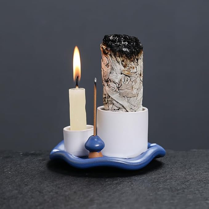 Mushroom Ceramic Incense Holder Set,4-in-1 Design for Sage, Palo Santo, Incense Sticks Candles,Blue Ceramic Ash Catcher Tray for Mess-Free Meditation, Yoga and Home Decor