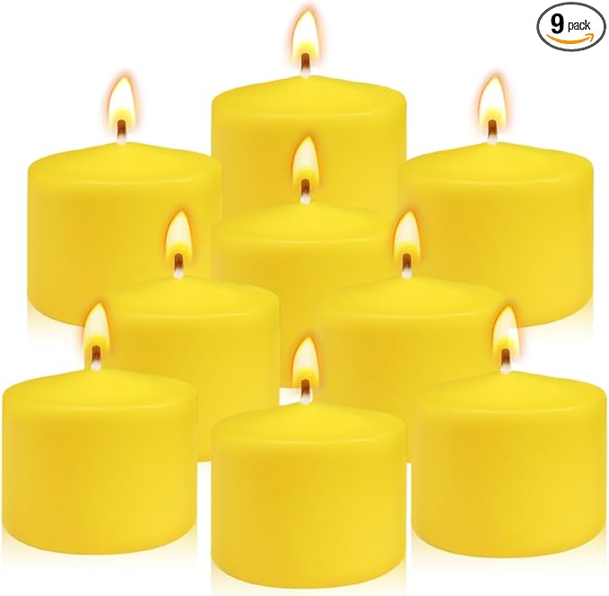 9-Pack 1.25-Inch Yellow Votive Candles, Unscented Small Tealight Candle for Home Decor Summer Special Occasions