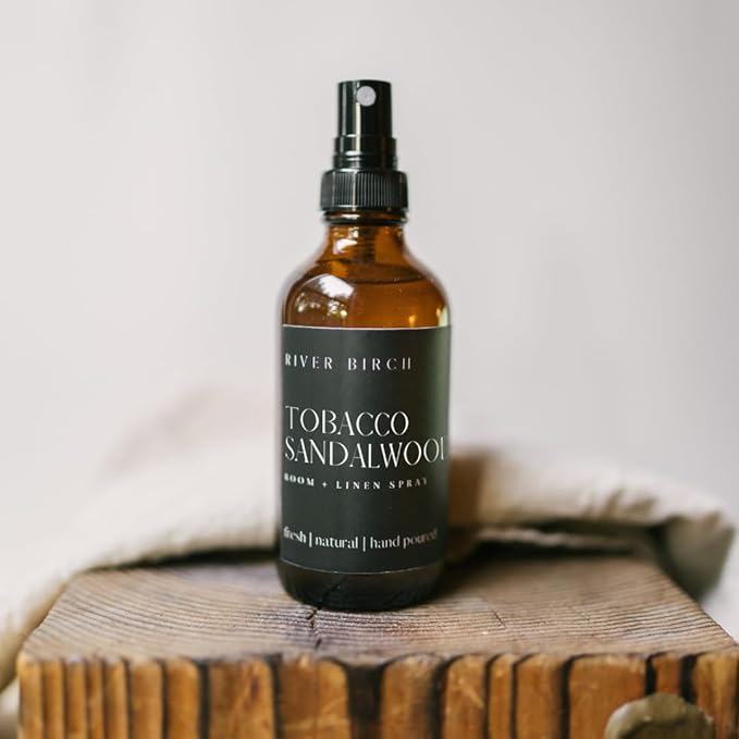 River Birch Tobacco Sandalwood Scented Linen and Room Spray | Home Fragrance | 4 oz Glass Amber Bottle | Luxury Signature Scent | Handmade in Texas