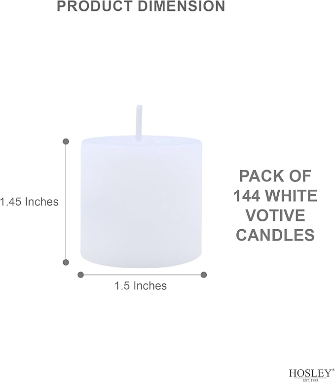 Hosley Set of 144 Unscented White Votive Candles – Bulk Pack, Clean-Burning, Long-Lasting 10-12 Hour Burn Time – Ideal for Weddings, Home Décor, Spa, and Events