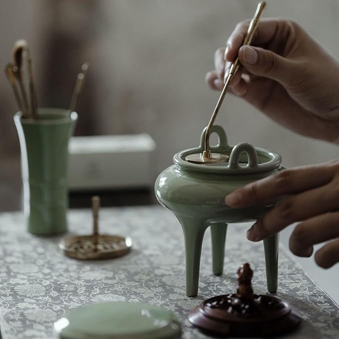 Celadon Incense Powder Burner Set - Making Incense Seal with 12pcs Toolskit, Three-Legged Incense Holder for Powder/Stick/Cone/Coil, Gift for Women, Deluxe Incense Burner Gift