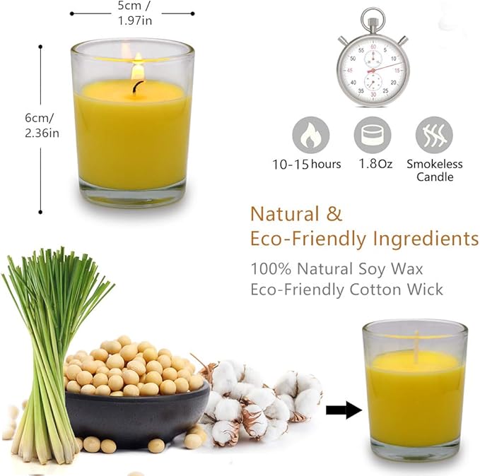 Small Citronella Candles Outdoor and Indoor Soy Wax Votive Candles for Party Dinner and Camping - 12 Hours Burn Time, Set of 12