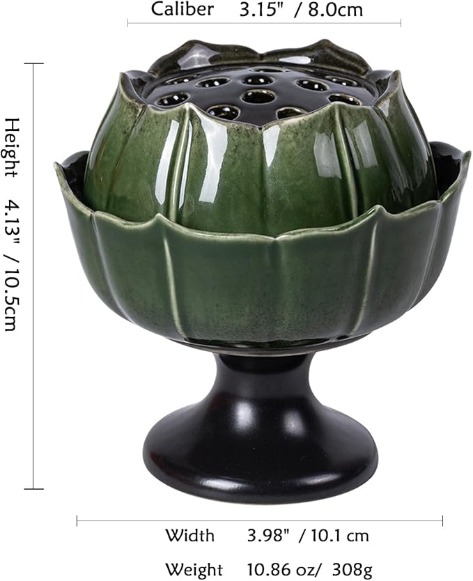 Ceramic Incense Holder with Lid,Lotus Incense Cone Holder for Coil Incense and Powder Incense,Mediation Gift,Home Decor (Deep Green)