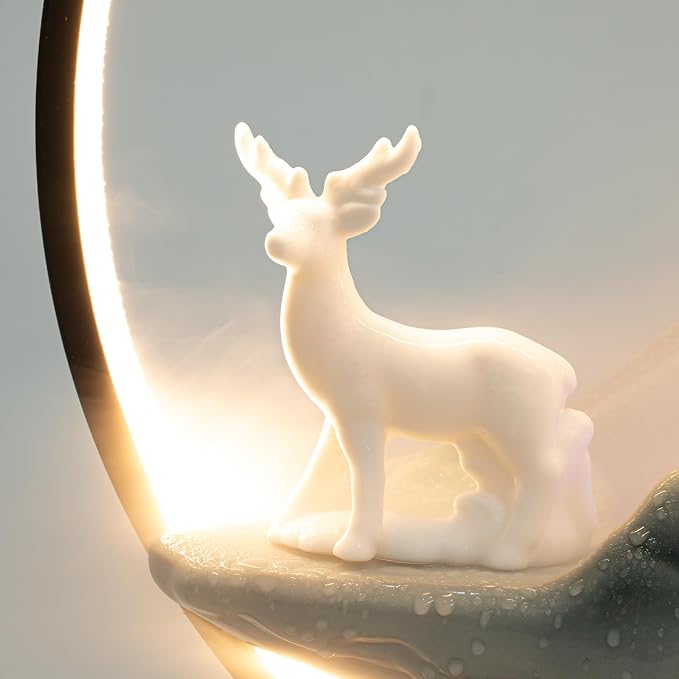 Tabletop Water Fountain with LED Light Ring,Atomizer,Water Pump Indoor Waterfall Backflow Incense Holder Deer Desk Ceramic Fountain with Mist for Office,Living Room or Bedroom Decoration (B)