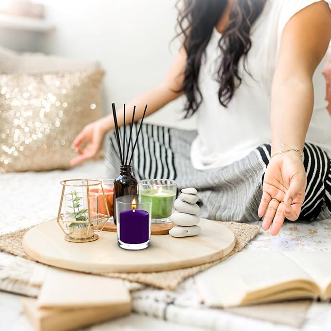 9 Packs Purple Votive Candles, Unscented Small 1.5 Inch by 1.25 Inch Non-Toxic Dripless Colored Wax Votives for Home Holiday Party Table Decor - 8 Hour Burn Time