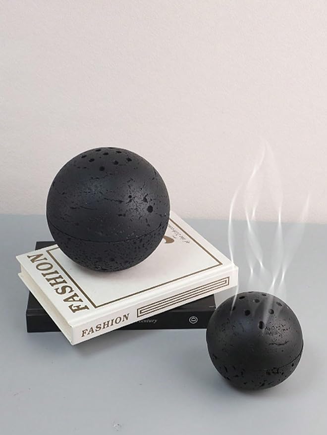 9 Holes Handmade Round Incense Resin Burner Holde, Minimalist Sphere Incense Frankincense Burner, Ravertine Incense Cone Holder for Yoga Meditation Spa Reading (Black)