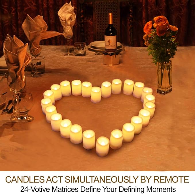Set of 24 LED Votive Candles with Timer and Remote (Ivory Body with Warm White Glow) - Flickering Flameless Votive Candles Battery Operated - Bulk Rustic Wedding Decorations Reception Table