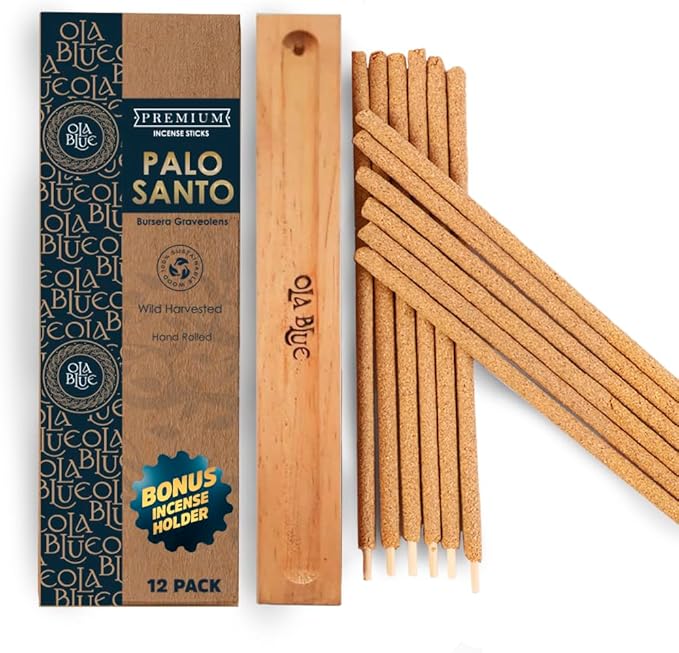 Palo Santo Incense Sticks (12 Pack) and Holder from Peru Premium Authentic - Handmade & Hand Rolled - Cleansing Bad Energy (Incense Sticks)
