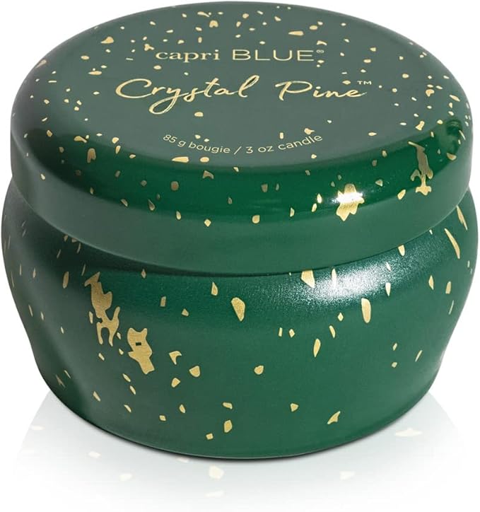 Capri Blue Glimmer Mini Tin - Crystal Pine Scented Candle with Mini Tin Candle Holder - Soy Wax Blend - Capri Blue Crystal Pine Emerald Green and Gold (3 oz)