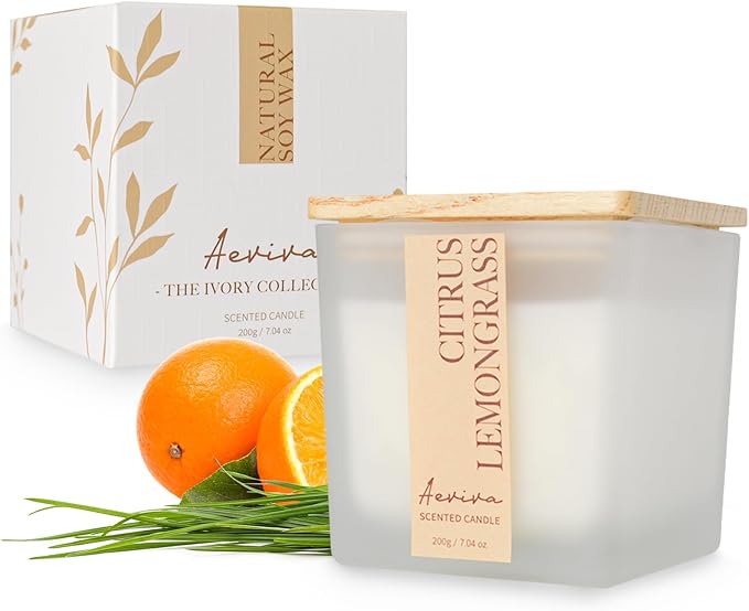 Scented Candle, 7.04 oz Citrus & Lemongrass Aromatherapy Candle, Natural Soy Wax with Wooden Wick, Candles for Home, 45 Hours Burn Time, Scented Jar Candle Gifts